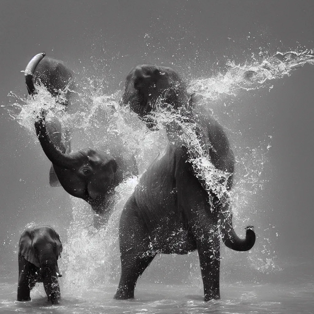 Image similar to “a black and white photo of an elephant splashing water by Maties Palau Ferré, featured on flickr, arabesque, national geographic photo, ilford hp5, majestic”