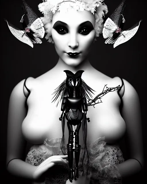 Image similar to surreal mythical dreamy dark artistic black and white fine art 3 / 4 fashion portrait photo of a young beautiful delicate female robot - witch - owl with orchid - doll face, rim light, cinematic, studio dramatic light, poetic, masterpiece, octane render, 8 k, photo - realistic by gustave dore hg giger