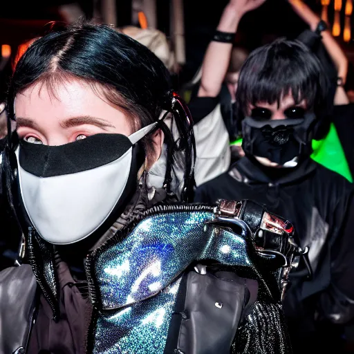 Prompt: photograph of a provocative techwear packed busy rundown nightclub, lots of people, non-binary people dancing, variety of sharp sparkly creepy masks, harnesses and garters, retrofuturism, brutalism, cyberpunk, sigma 85mm f/1.4, 15mm, 35mm, tilted frame, long exposure, 4k, high resolution, 4k, 8k, hd, wide angle lens, highly detailed, full color, harsh light and shadow, intoxicatingly blurry