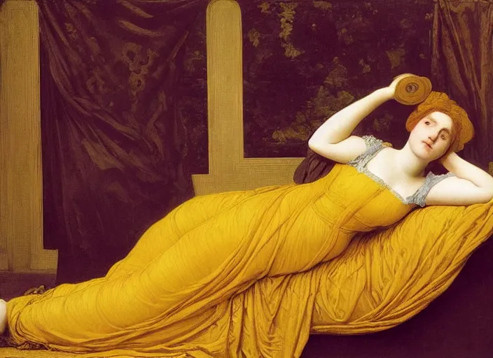 Image similar to portrait of lady reclining on bed wearing yellow ochre ornate medieval dress, foreshortening, framed, preraphaelite colour photography by frederic leighton, william morris, 8 k