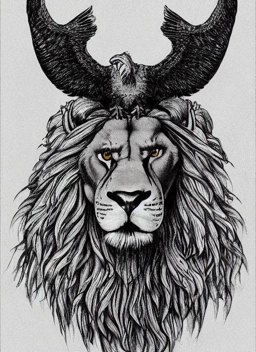 Image similar to a mighty strong creature with the body and eyes of a man with the beak of an eagle the mane of a lion and the horns of an ox. drawn by boris val