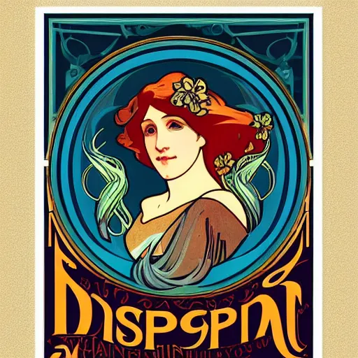 Image similar to “Art Nouveau poster of dolphin in style of Alphonse Mucha, 8k”