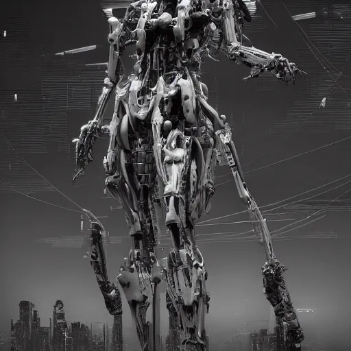 Image similar to black and white cyberpunk style dark metal skeleton, mecha hard-surface, hyperrealistic, cinematic, 3D, 8K, imagined by Ash Thorp, tsutomu nihei ghost in the shell akira