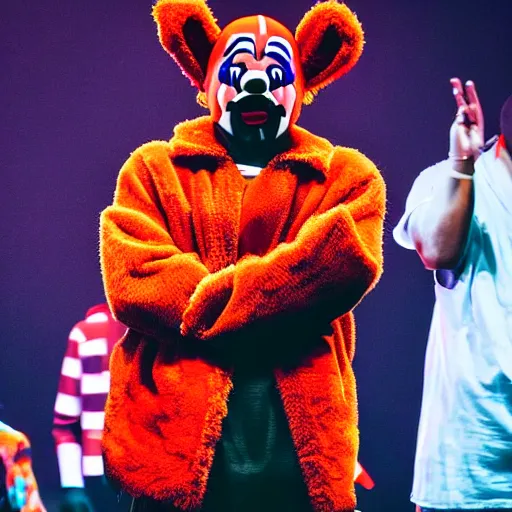 Image similar to Kanye west dressed up as a clown, kanye 🤡, funny, kanye west the rapper on stage, rtx on, real life visuals, high detail, cinematic view