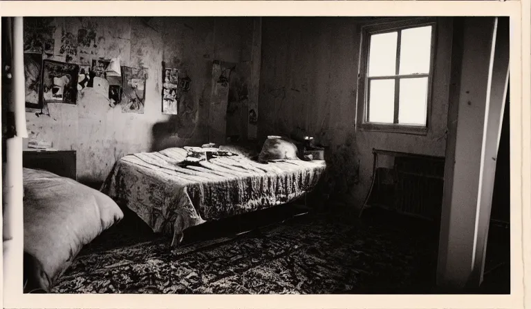 Image similar to A bedroom designed by William Burroughs, 35mm film, long shot