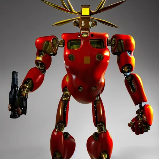 Prompt: a muscular yellow and red humanoid robot with large horns. It has a gun in one hand and a knife in the other