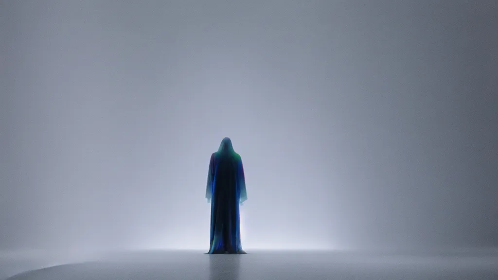 Image similar to an iridescent ghost stands alone in the bathroom, film still from the movie directed by Denis Villeneuve with art direction by Zdzisław Beksiński, wide lens