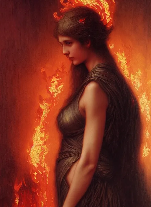Prompt: Girl at a fashion show in hell, fire, lava, intricate, elegant, highly detailed, artstation, concept art, smooth, sharp focus, illustration, art by and greg rutkowski and orientalism and bouguereau and Zdzislaw Beksinski