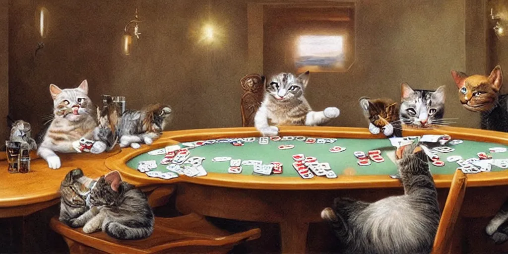 Image similar to cats playing poker, hyper realistic