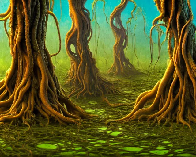 Image similar to A surreal swampy landscape with tall tentacular roots rising out of the ground like an alien planet, no vegetation except for small plants, wide-angle lens effect, creeper, low-poly, cinematic. 16k render. Impressionist painting style. Matte painting, hyperrealistic, photorealism, detailed. HDR lighting. Widescreen format, HDR. Film grain. Wide screen format, HDR.