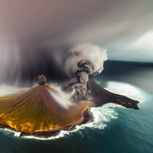 Prompt: aerial drone view of Anak Krakatau volcano during storm by Bernard Edmaier,turbulent clouds in the shape of barong,islands,structural geology, high quality,digital concept art,realistic,photorealistic,8k