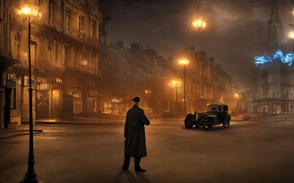 Prompt: One man in a trenchcoat shooting at a lovecraftian monster with a pistol in a 1920's parisian street at night. A cars is driving towards the monster with their lights on. A train station is visible in the background. 4k, pulp, HDR, vivid colors, low angle shot, (fish eye).