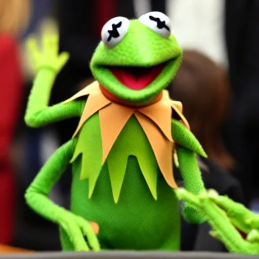 Image similar to Kermit the Frog being sworn in as President of the United States