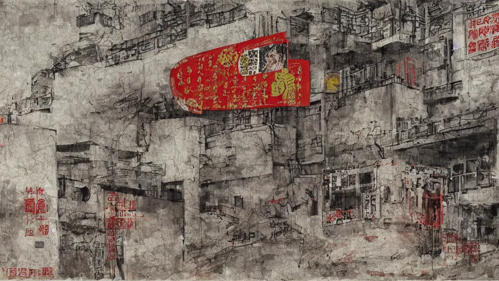 Image similar to a chinese prison near a river by peter doig, acid and grey colors, overlaid with chinese adverts