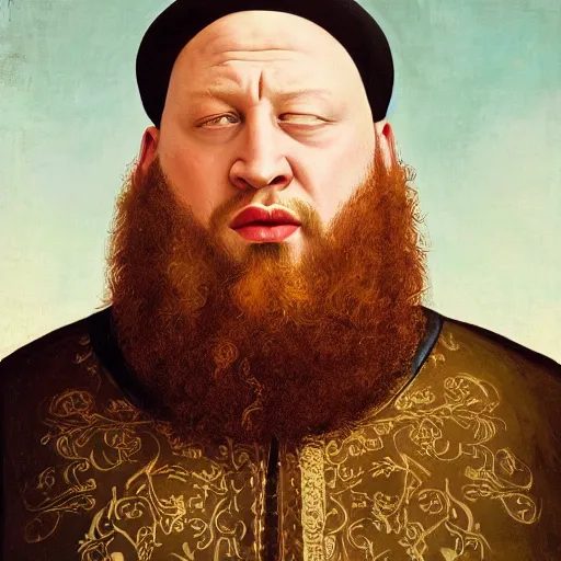 Image similar to portrait of Action Bronson as a medieval Albanian baron, by Kehinde Wiley, Gentile Bellini, and Annie Leibovitz. HD face portrait.