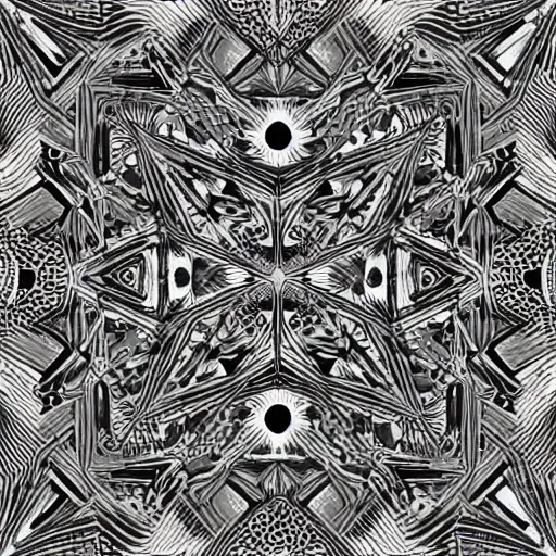 Image similar to high resolution, black and white, symmetric , low Polly, ancient patterns coming from deep within the between