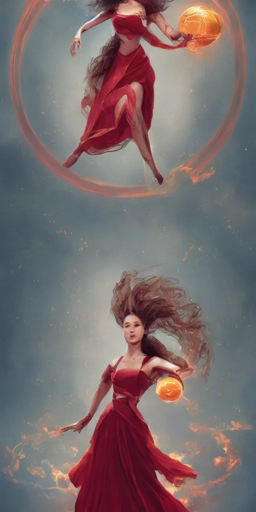 Image similar to A woman floats in midair, encircled by a ring of fire. She wears a crimson gown and her hair is wild and flowing. In her hands she holds a staff adorned with a large crystal ball, super coherent, trending on artstation, female, magic, by Lulu Chen and Mandy Jurgens