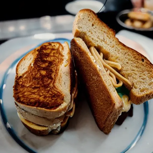 Prompt: peanut butter toast with indomie mi goreng noodles sandwich tower, wide angle lense, cyberpunk bar food, dark neon glow, photo realistic, gourmet