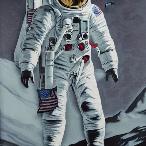 Prompt: hyperrealism sinister military astronaut on the moon, exterior shot, establishing shot