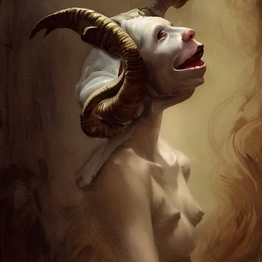 Prompt: woman with goat horns holding an animal skull, style of da vinci, horror, fantasy illustration, by greg rutkowski