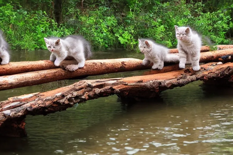 Image similar to kittens walking on a log bridge crossing a river