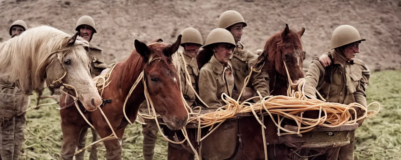 Prompt: horses eat spaghetti, world war 1, canon 5 0 mm, kodachrome, in the style of wes anderson, retro