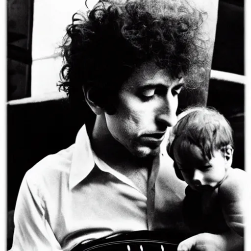 Prompt: bob dylan cradling the eraserhead baby like a baby, photograph, 1 9 6 5