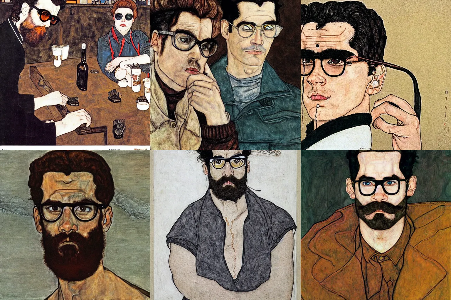 Prompt: egon schiele moebius art style long black braid beard thick eyebrows black short hair colin farrell ray ban glasses drinking a pint of beer