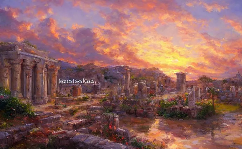 Prompt: Ancient elfic city at sunset. By Konstantin Razumov, highly detailded