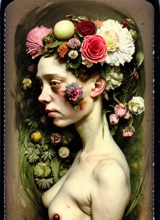 Image similar to beautiful and detailed rotten woman made of plants and many types of stylized flowers like carnation, chrysanthemum, roses and tulips, intricate, surreal, vladimir volegov, john constable, guy denning, gustave courbet, caravaggio, romero ressendi, 1 9 1 0 polaroid photo