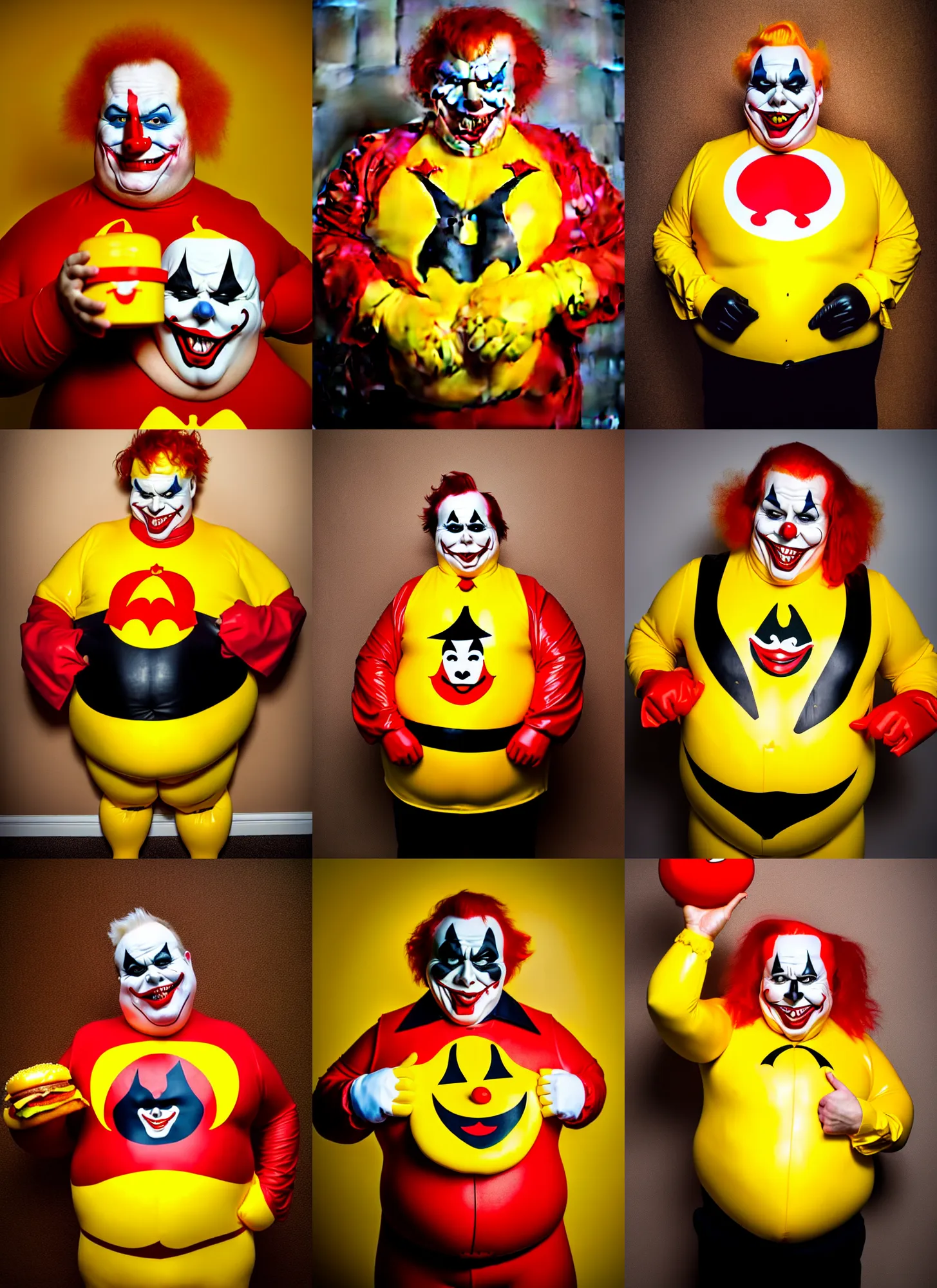 Prompt: wide angle lens portrait of a very chubby sinister looking joker dressed in yellow and red rubber latex Ronald Macdonalds costume holding a sloppy Big Mac, red hair, a Macdonalds logo on his chest, photography inspired by Oleg Vdovenko