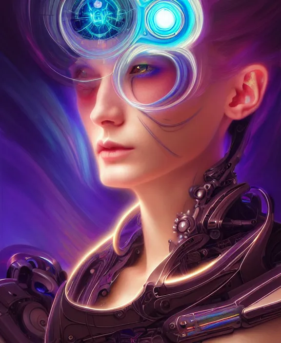 Image similar to a whirlwind of souls rushing inside the metaverse, hologram, half body, neurochip, shaved temple, piercing, jewelry, android, cyborg, cyberpunk face, by loish, d & d, fantasy, intricate, elegant, highly detailed, colorful, digital painting, artstation, concept art, art by artgerm and greg rutkowski and alphonse mucha