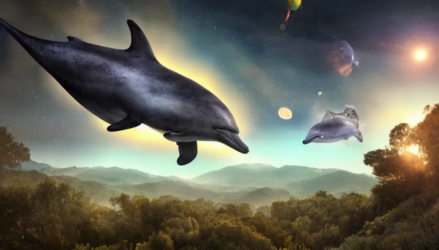 Image similar to highly detailed cinematic scifi render of a flying dolphin over the tuscany skies, cypresses and hills, stars and planets, hyper detailed, digital art, led lighting, studio quality, smooth render, unreal engine 5, octane render, trending on artstaion.