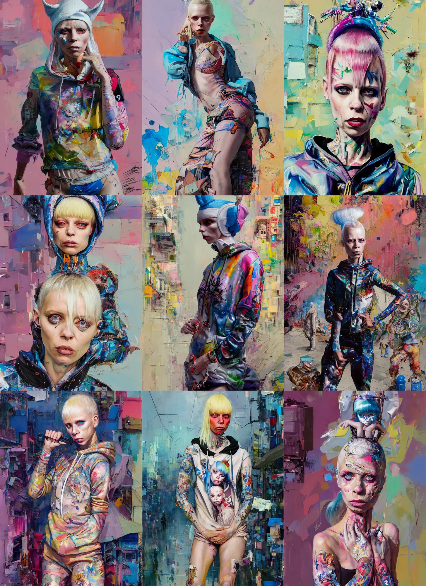 Image similar to yolandi visser in the style of martine johanna and donato giancola, wearing a hoodie, standing in a township street, street fashion outfit,!! haute couture!!, full figure painting by john berkey, david choe, ismail inceoglu, pastel color palette, detailed impasto, 2 4 mm lens