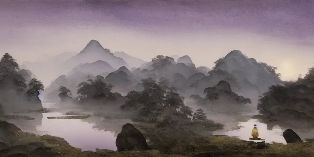 Image similar to a beautiful water color and ink painting of a large landscape, with a chinese temple, streams and rocks, at dawn, emerging sun and hills on the horizon some light fog by lee madgwick or caspar david friedrich or edouard manet, trending on artstation, more dark purple color scheme, cinematic lights