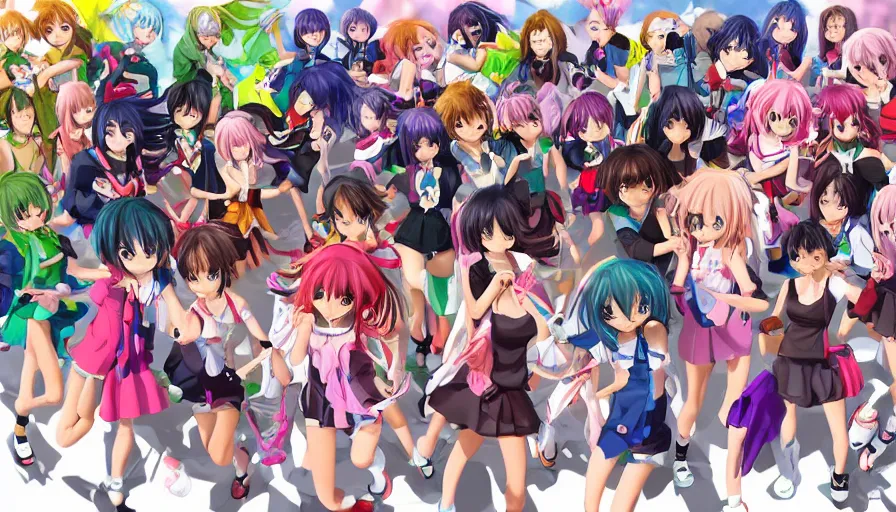 Image similar to group of cute anime characters jumping, colorful outfits, short miniskirts, lightly dressed, ultra detailed digital art, hyper real, detailed, group photo, ultra detailed, ground up angle