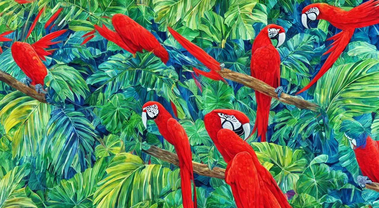 Prompt: a beautiful painting of any of various large tropical plant leaves, macaws fly in the air, koala, zebra, lion, paint on canvas