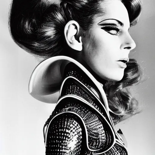 Image similar to close up of female movie star of the seventies with futuristic avant - garde dress, official jean - paul gaultier editorial, highly detailed