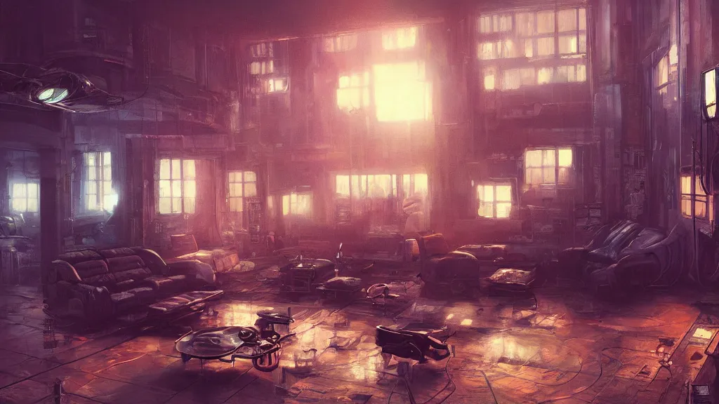 Image similar to Cyberpunk interior, living room, sunset, painted by seb mckinnon, high detail, digital art, trending on artstation
