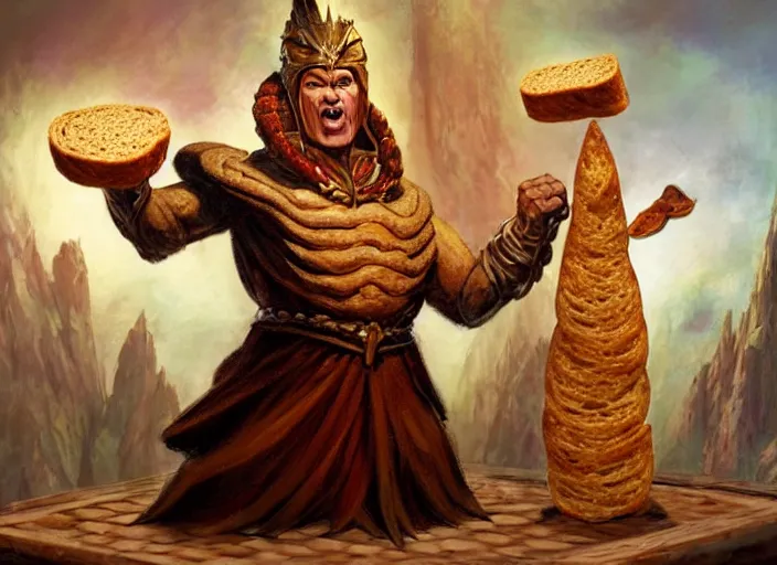 Image similar to a character made entirely out of bread giving a speech at a podium and wearing royal clothing, by marco bucci and frank frazetta, magic : the gathering fantasy concept art, high resolution. there is an audience of bread - people - hybrids in the background, fantasy coloring, intricate, digital painting, artstation, smooth, sharp focus