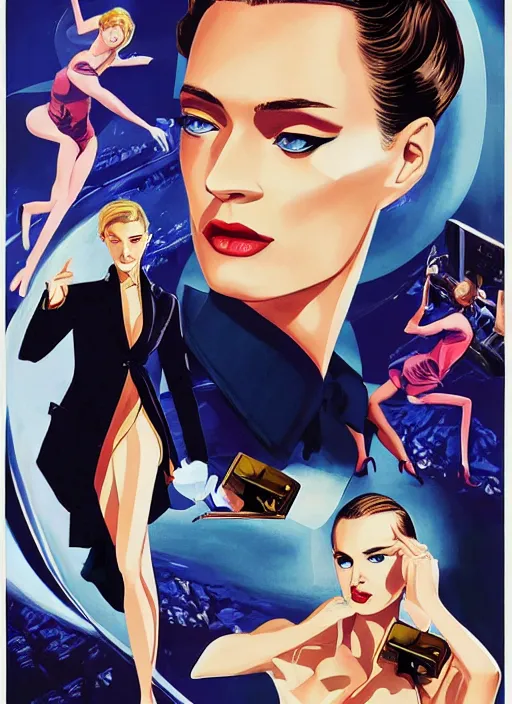 Prompt: Daria Strokous as a Bond Girl in a Retro James Bond movie poster in style of anime, cinematic, Makeup by Pat McGrath, realism, Greg rutkowski, 1990s