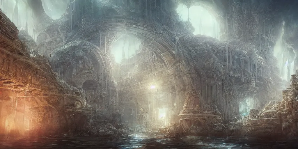 Prompt: underwater city, by role thomas style and giovanni paolo panini style epic, volumetric, symmetrical, insanely detailed, style of charlie bowater, kelly mckernan, unreal engine render, artstation trends, hyper detail, epic art style, cinematic, concept art