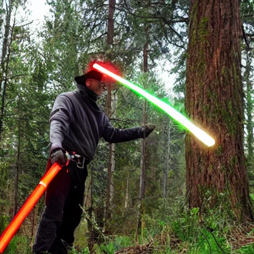 Image similar to a man cutting a tree with a lightsaber