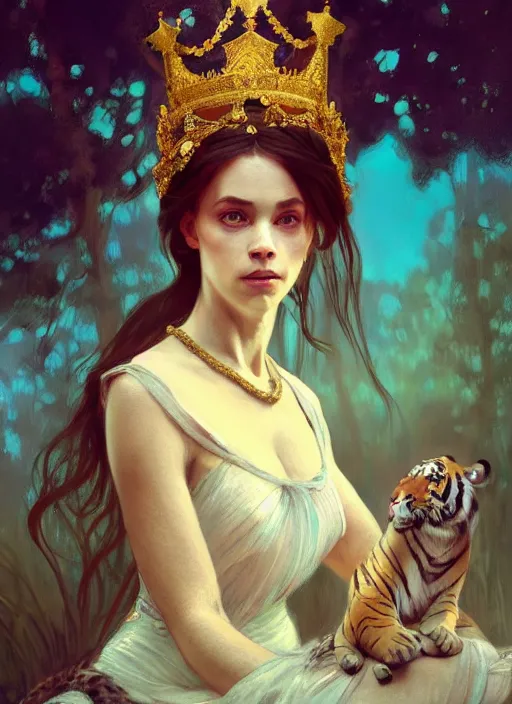 Image similar to tiger striped high necked gown, lovely queen, portrait, long hair, small crown, feral languid woman, by greg rutkowski, anato finnstark, alphonse mucha, global illumination, radiant light