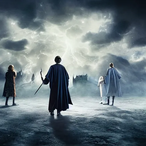 Image similar to Harry potter standing and casting a wand, back view, thunderclouds, cinematic shot, wide shot, epic scale, waving robe movement, photorealistic detail and quality, intricate ground stone, magical sigils, floating particle effects, movie still, nighttime, crescent moon, sharp and clear, action shot, intense scene, visually coherent, symmetry, rule of thirds, movement, photorealistic colors, cool colors transitioning to warm colors, award winning, directed by Steven Spielberg, Christopher Nolan, Tooth Wu, Asher Duran