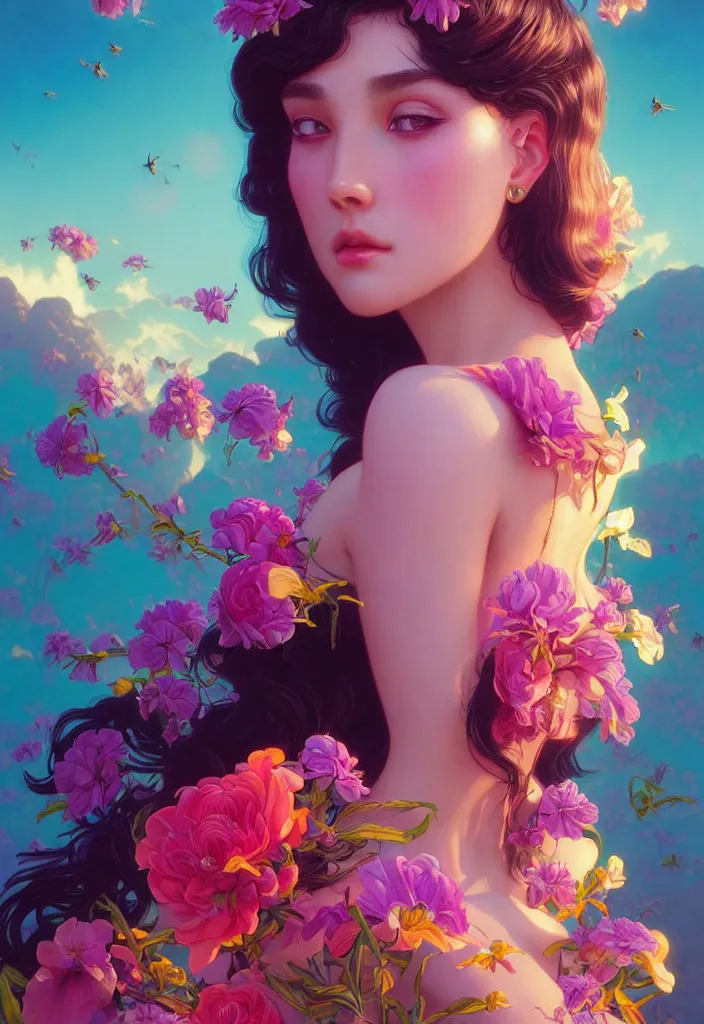 Image similar to young beautiful woman, gorgeous face, vaporwave aesthetic, synthwave, colorful, psychedelic, artstation, flowers, bees, full - body, gown, smooth, extremely sharp detail, finely tuned detail, 8 k, unreal engine 5, ultra sharp focus, illustration, art by artgerm and greg rutkowski and alphonse mucha