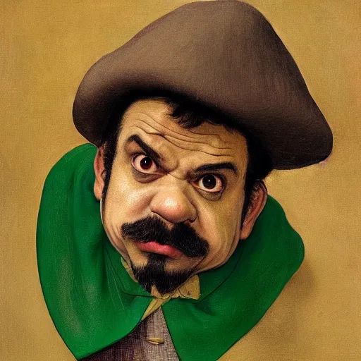 Image similar to hyper realistic, realistic - anime, portrait, beautifully rendered, italian garb from 1 9 th century, caricature, luis guzman as luigi wearing green, smirking deviously, luigi, luigi's nose, painted by jan van eyck, albrecht durer, gustave courbet, greg rutkowski, wlop, artgerm, dishonored 2,