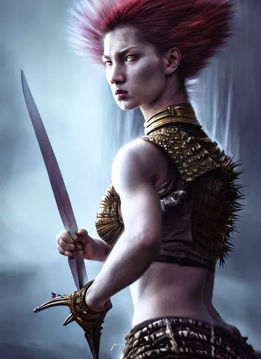 Image similar to a fierce young warrior woman moments before battle, diffuse lighting, fantasy, intricate, elegant, highly detailed, archillect, lifelike, Rebel, photorealistic, digital painting, artstation, punks, illustration, concept art, smooth, kinemacolor, sharp focus, artgerm, by John Collier and Albert Aublet and Leonardo da vinci and Krenz Cushart and Artem Demura and Alphonse Mucha