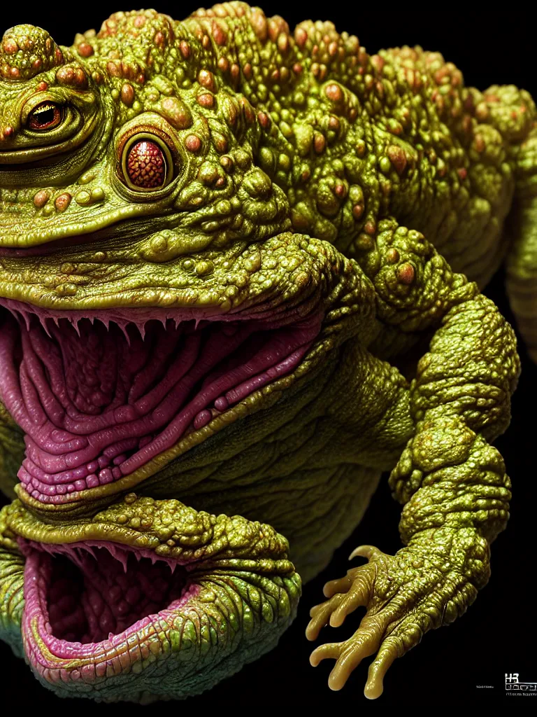 Image similar to hyperrealistic rendering, fat smooth cronenberg flesh monster toad kaiju by donato giancola and greg rutkowski and wayne barlow and zdzisław beksinski, eyeballs, product photography, action figure, sofubi, studio lighting, colored gels, colored background