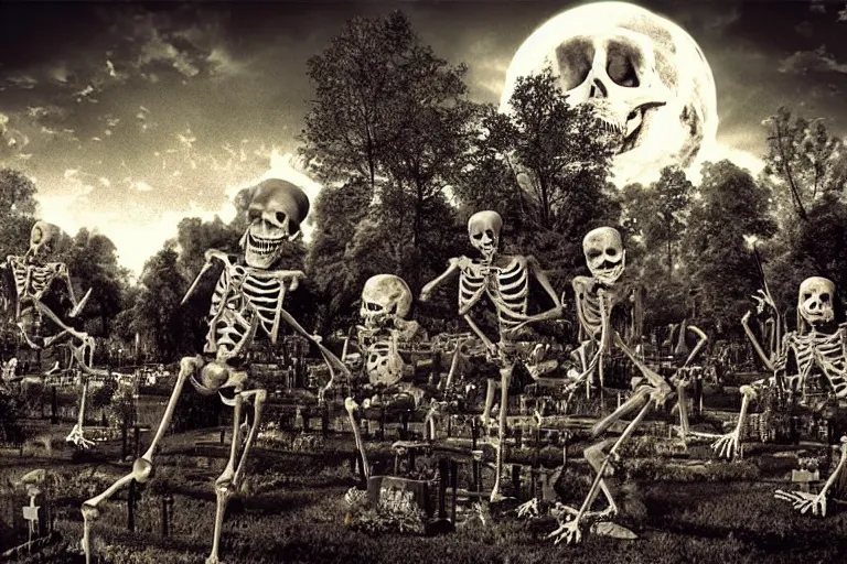 Prompt: skeletons rock concert in a cemetery, evil guitars, dark night, full moon, the oak tree, highly detailed digital art, photorealistic
